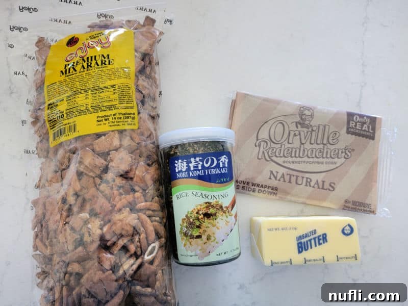 Premium Mix Arare, Furikake Rice Seasoning, Popcorn, and butter