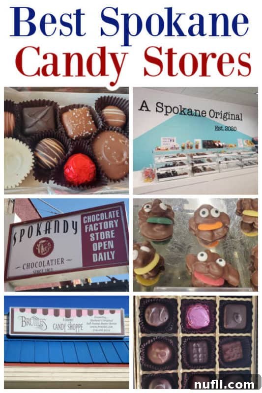 Best Spokane Candy Stores over a collage of candy, chocolate and storefronts