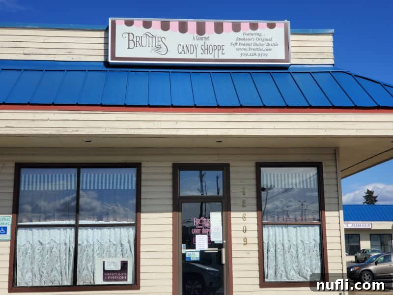 Bruttles candy shop sign over the entrance to a store.