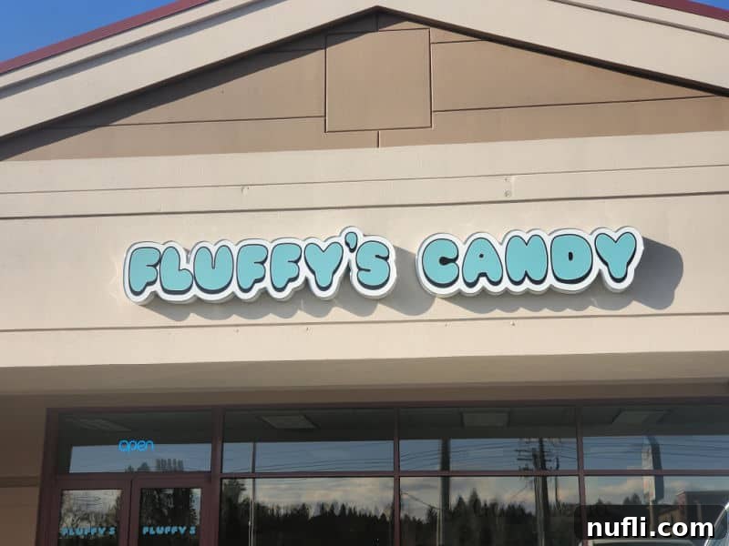 Fluffy's candy sign over the entrance to the store