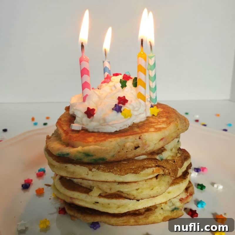 A grand stack of Funfetti Cake Mix Pancakes on a white plate, adorned with a multitude of lit birthday candles, copious whipped cream, and a showering of sprinkles, ready for a joyous celebration.