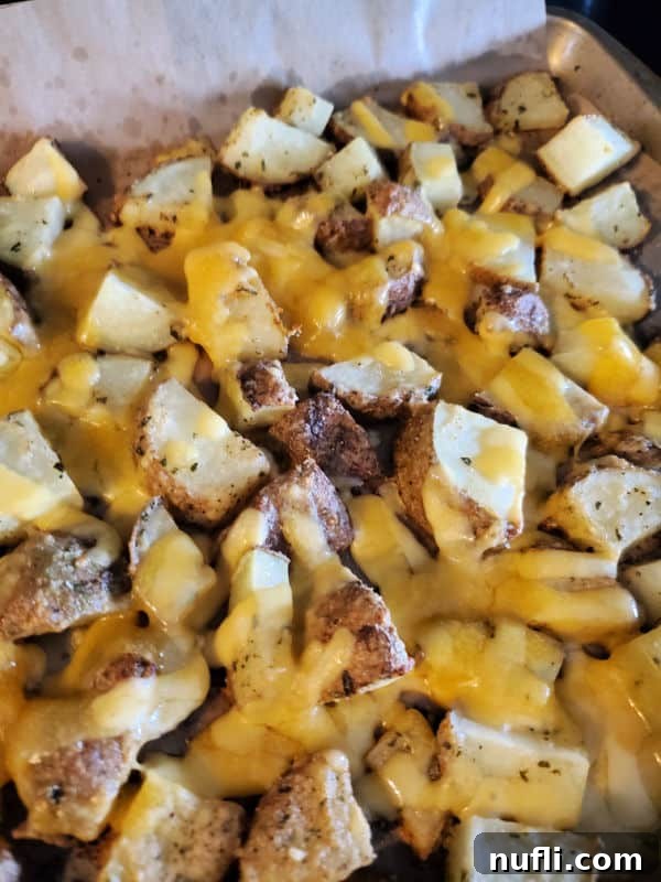 Cheesy ranch potatoes on a baking sheet out of the oven. 