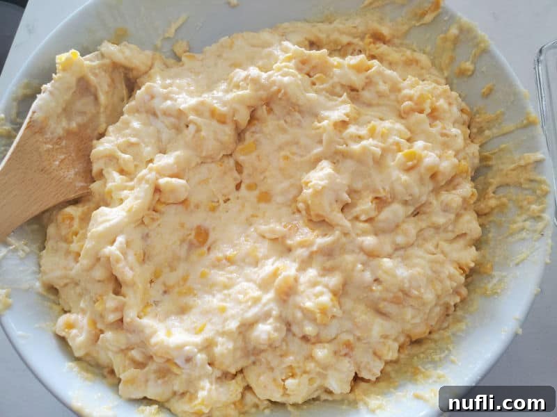 Creamed Corn Casserole ingredients mixed together in a white bowl, showing a uniform texture.
