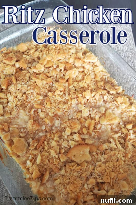 Golden Ritz Topped Chicken Casserole 2 Ritz Chicken Casserole over a casserole dish filled with chicken and ritz