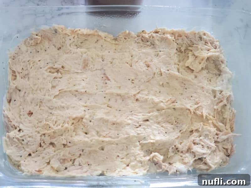 Golden Ritz Topped Chicken Casserole 5 shredded chicken casserole mixture spread in a glass casserole dish