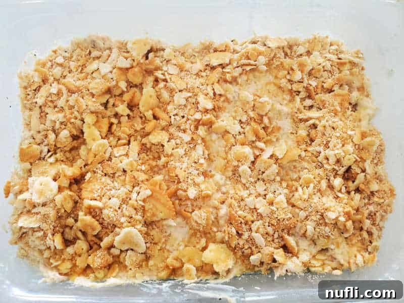 Golden Ritz Topped Chicken Casserole 6 Ritz crackers spread across a chicken casserole in a glass baking dish