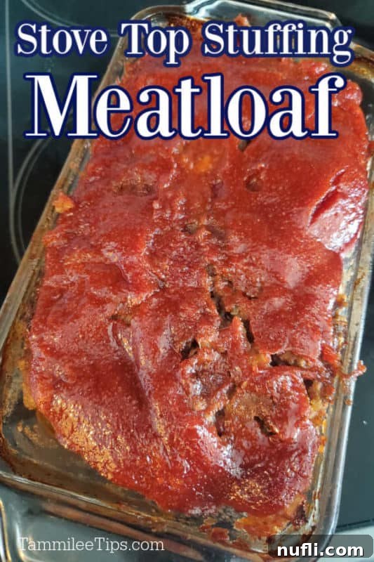 Stove Top Stuffing Meatloaf over a glass baking dish with stove top meatloaf