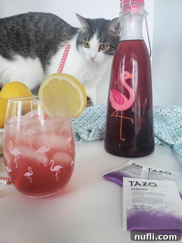 Recreate Starbucks Passion Tea Lemonade 7 Kitten behind Copycat Starbucks Passion Tea Lemonade in a flamingo glass next to Tazo Passion tea bags