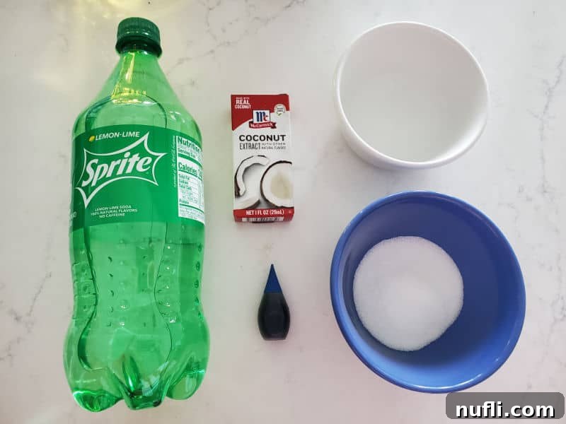 Homemade Sonic Ocean Water Drink Guide 5 Ingredients for Sonic Ocean Water, including Sprite soda, coconut extract, blue food coloring, sugar, and a bowl of water, laid out on a white surface.
