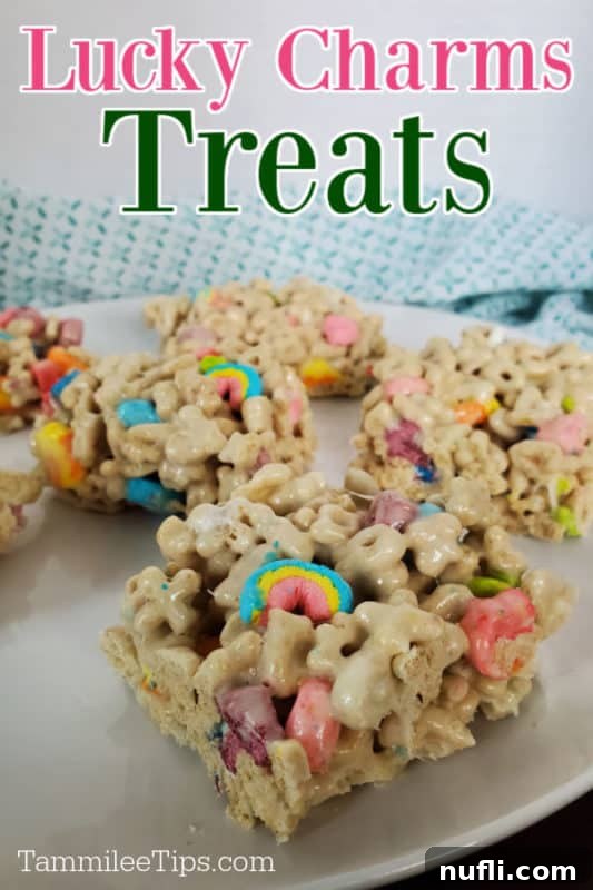 Vibrant Lucky Charms treats arranged on a white plate, showcasing their colorful marshmallow marbits.