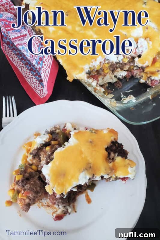 John Wayne Casserole over a casserole dish and plate with hamburger casserole on it. 