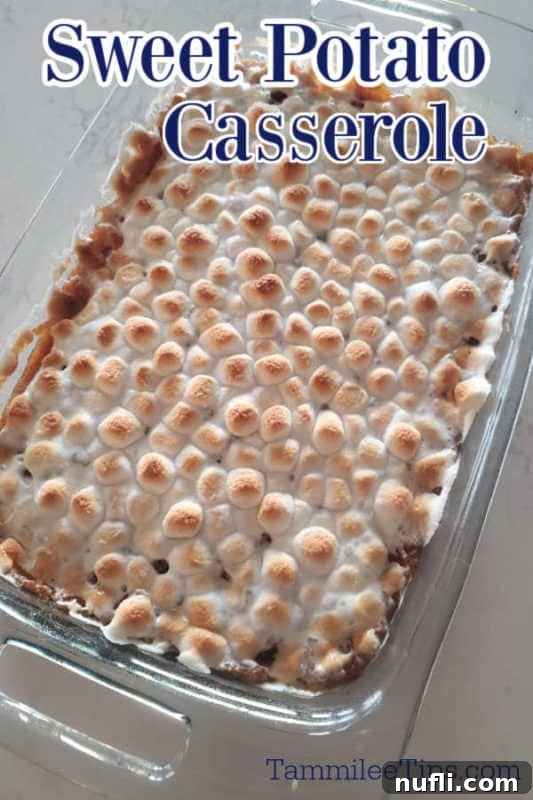 Sweet Potato Casserole over a glass casserole dish with marshmallows and sweet potatoes
