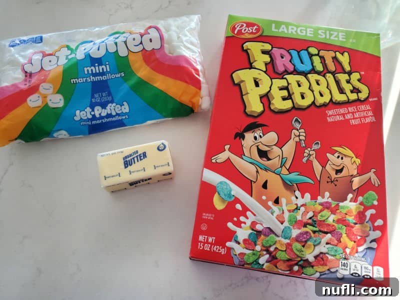 Vibrant Fruity Pebbles Rice Krispie Treats 3 Fruity Pebble treat ingredients mini marshmallows, butter, fruity pebbles cereal