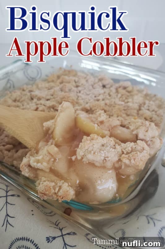 Easy Bisquick Apple Cobbler 2 Bisquick Apple Cobbler text over a glass baking dish with a wooden spoon scooping cobbler from the dish.
