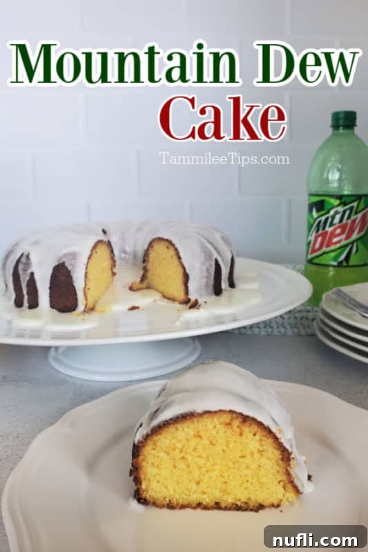 Moist Mountain Dew cake on a decorative platter, with a bottle of Mountain Dew in the background, ready to be served, highlighting its vibrant citrus appeal.