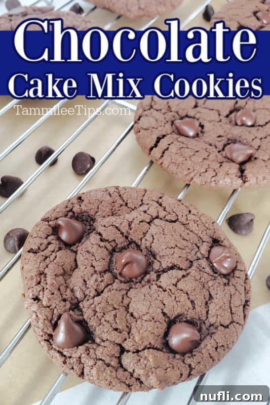 Delicious Devils Food chocolate cake mix cookies cooling on a wire rack, surrounded by chocolate chips.