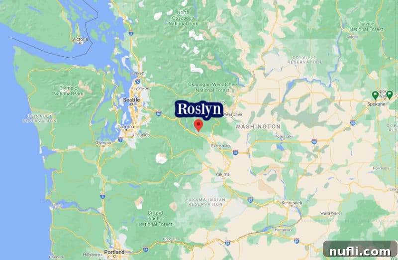 Washington State map highlighted with Roslyn