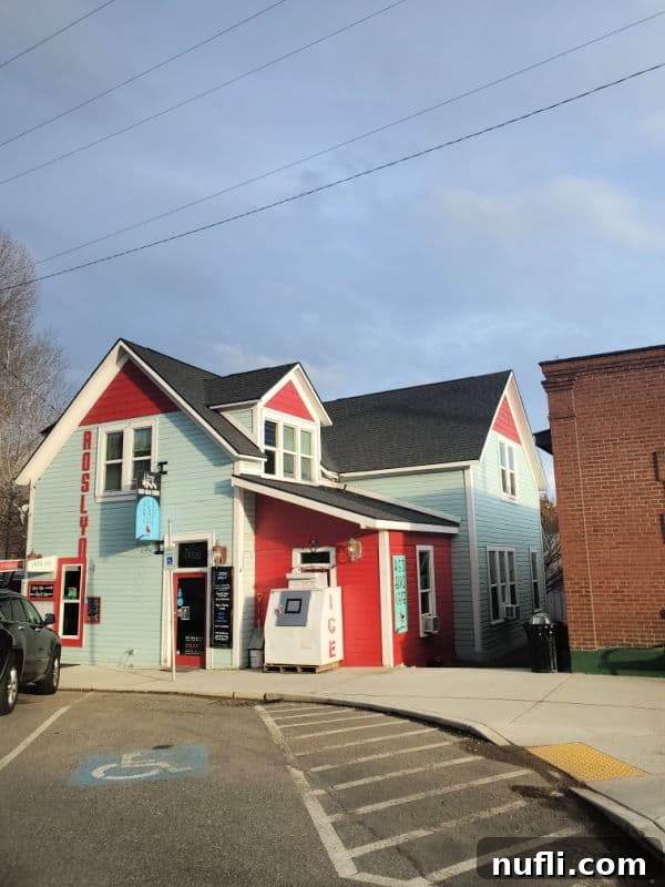 blue and red building with Roslyn down the side and an ice machine