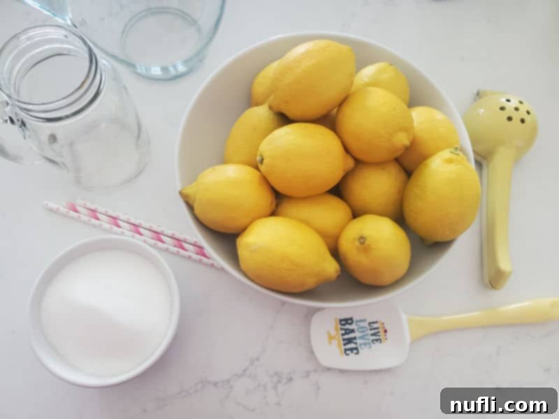 lemons in a large bowl next to a mason jar glass, bowl of sugar, spatula, and lemon squeezer