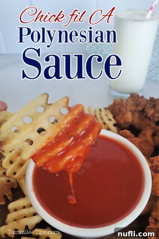 Chick-fil-A Polynesian Sauce text written over a french fry dipped in Polynesian Sauce with a frosted lemonade in the background.