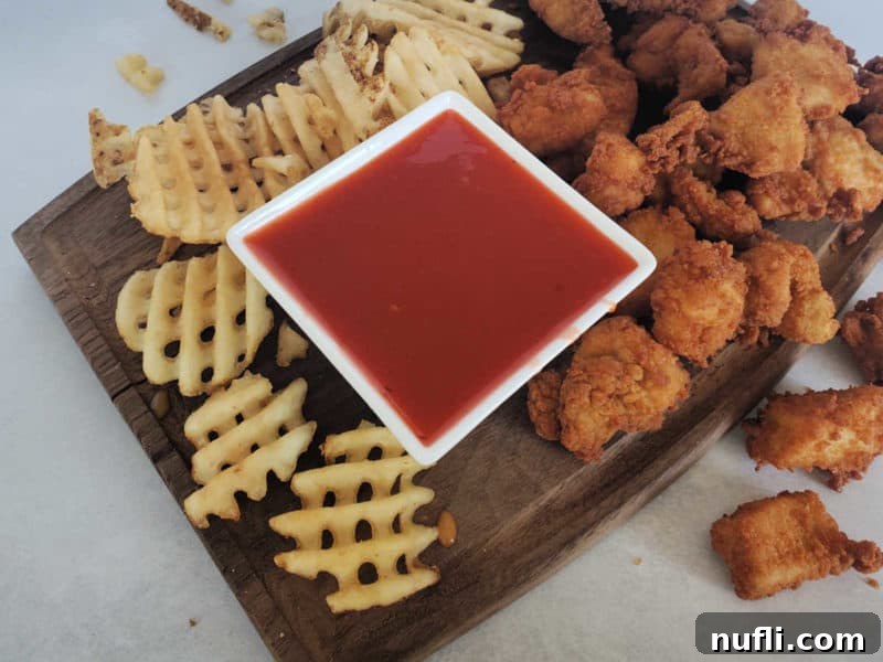 copycat polynesian sauce in a square bowl on a cutting board with french fries and chicken