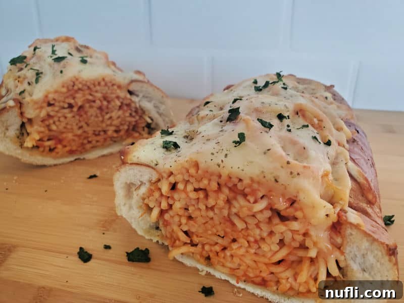 Ultimate Spaghetti Stuffed Garlic Bread 8 Spaghetti Stuffed Garlic Bread on a wood cutting board