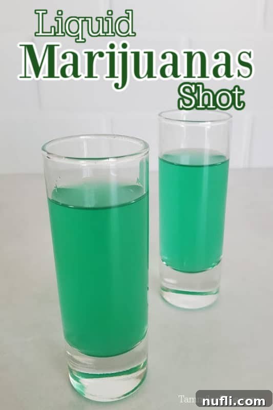 Liquid Marijuana Shot text over two green shots