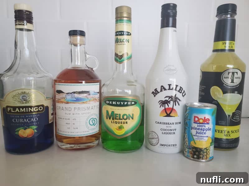 Liquid Marijuana Shot ingredients blue curacao, rum, melon liqueur, coconut rum, pineapple juice, sweet and sour mix