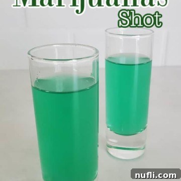 Liquid Marijuana Shot text over two green cocktails in shot glasses