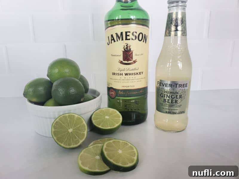 Irish Mule Cocktail and Mocktail Recipe Video 3 Irish Mule ingredients, Jameson Irish whiskey, fever tree ginger beer, and limes