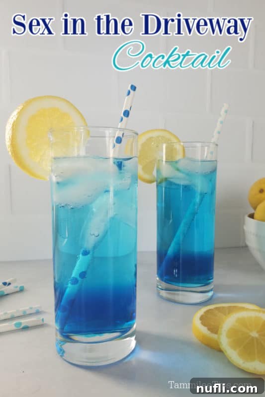Sex in the Driveway Cocktail text over two blue drinks with lemon wheel garnish
