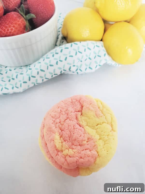 A charming stack of pink and yellow strawberry lemonade cookies beside a bowl of fresh strawberries and lemons, inviting you to taste.