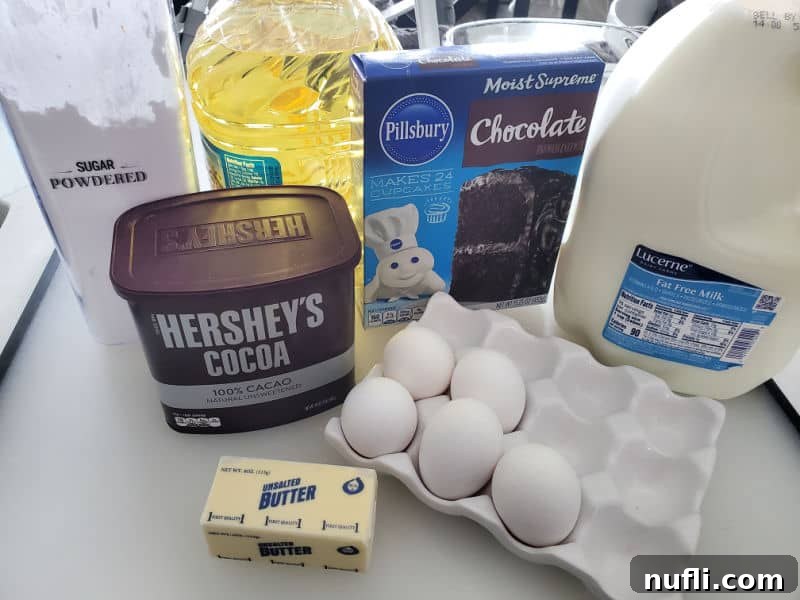 Texas sheet cake cookie ingredients Hershey's cocoa, butter, eggs, milk, chocolate cake mix, oil, and powdered sugar