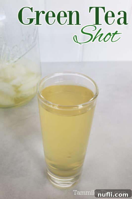 Green Tea Shot printed in text over a Green Tea Shot with a cocktail shaker in background