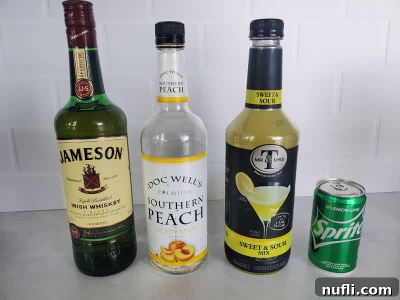 Green Tea Shot ingredients, Jameson Irish Whiskey, Peach Schnapps, Sweet and Sour Mix, and Sprite