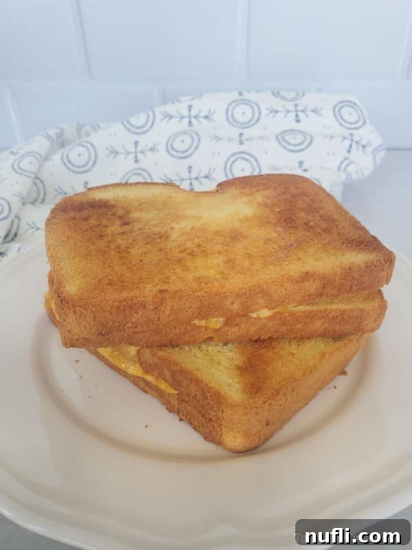 Freshly air fried grilled cheese on a white plate, ready to be enjoyed