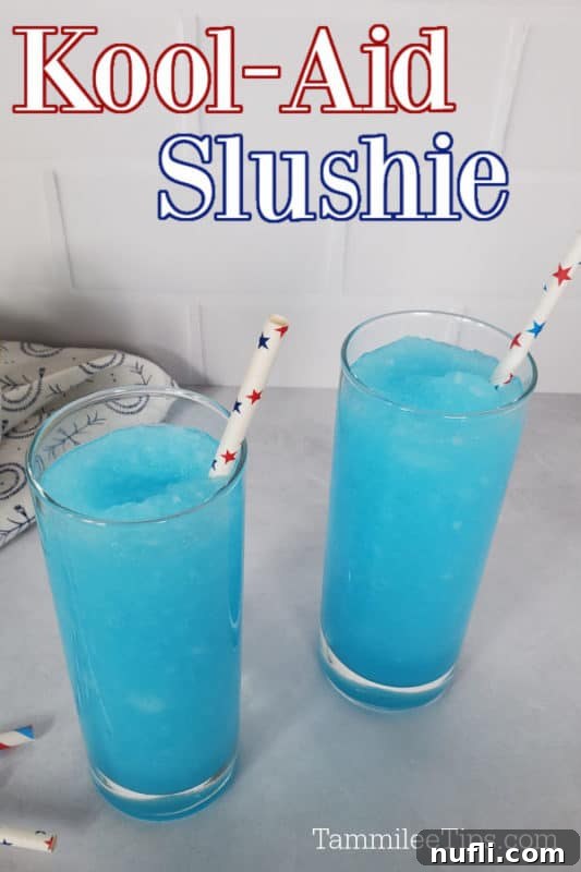 Kool Aid Slushie printed over two glasses with blue slushy drinks. 