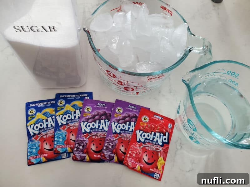 sugar, ice, and water next to kool aid packages. 