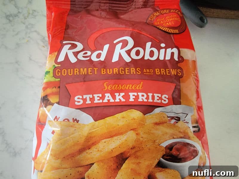 Red Robin frozen french fries in a bag. 