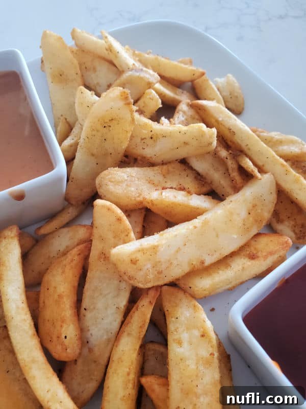 Air fryer French fries on a white plate with dipping sauces. 