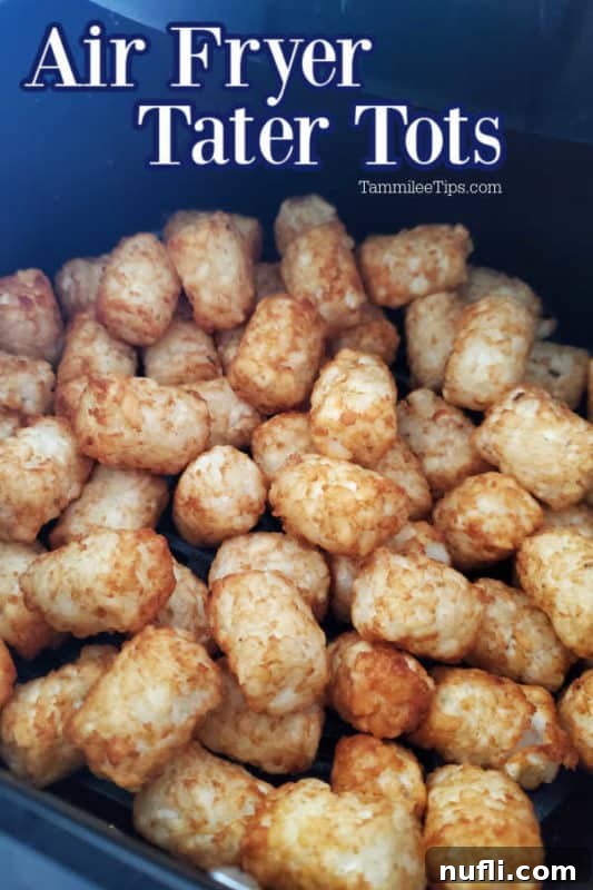 Air Fryer Tater Tots text written over tater tots in the air fryer basket. 