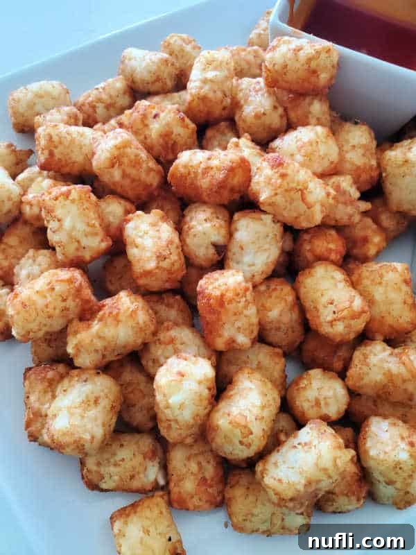 Air fryer tater tots on a white plate with a side of dipping sauce.