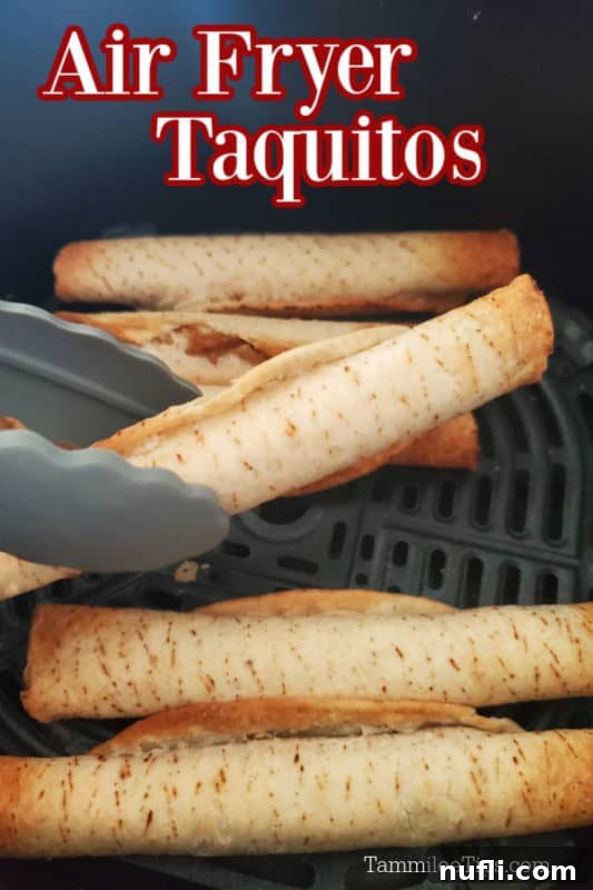 Perfectly Crispy Frozen Taquitos in the Air Fryer 2 Air Fryer taquitos over a pair of tongs picking up taquitos from the air fryer basket