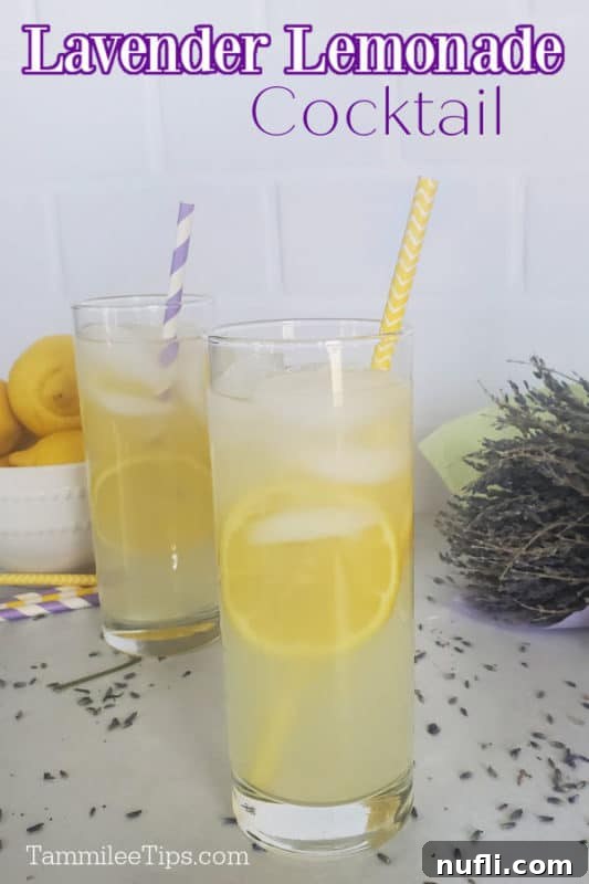 Lavender Lemonade cocktail over two tall glasses with lemon slices and striped straws. Bundle of lavender next to a bowl of lemons