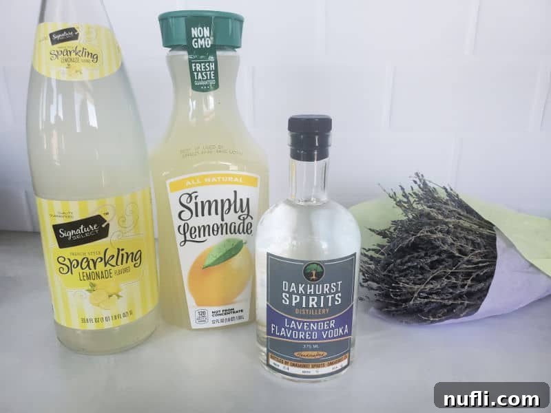 Sparkling Lemonade, Simply Lemonade, and Oakhurst Spirits Lavender Vodka next to a bundle of lavender