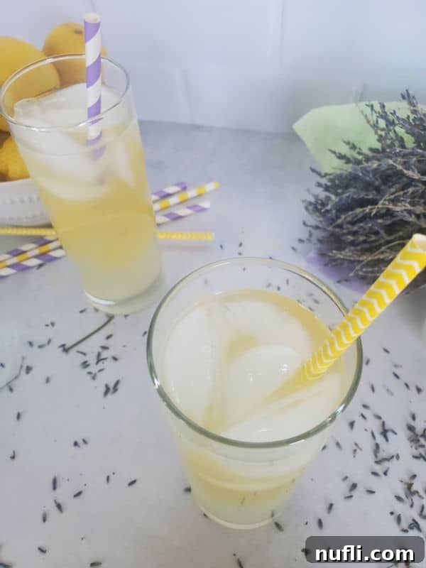 Lavender lemonade cocktails in tall glasses with paper straws next to a bundle of lavender