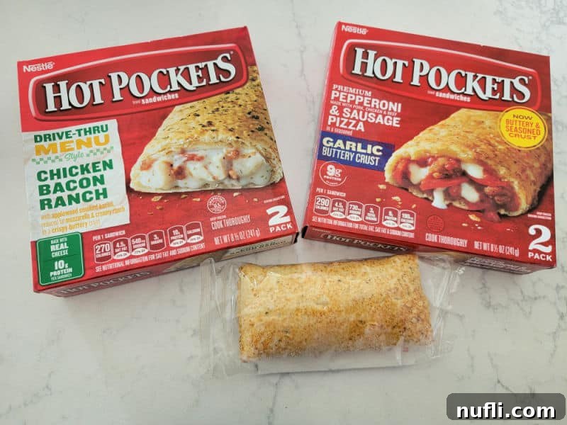 Air Fryer Hot Pocket Perfection 3 Collection of Hot Pocket boxes and a single packaged Hot Pocket, ready for air frying.