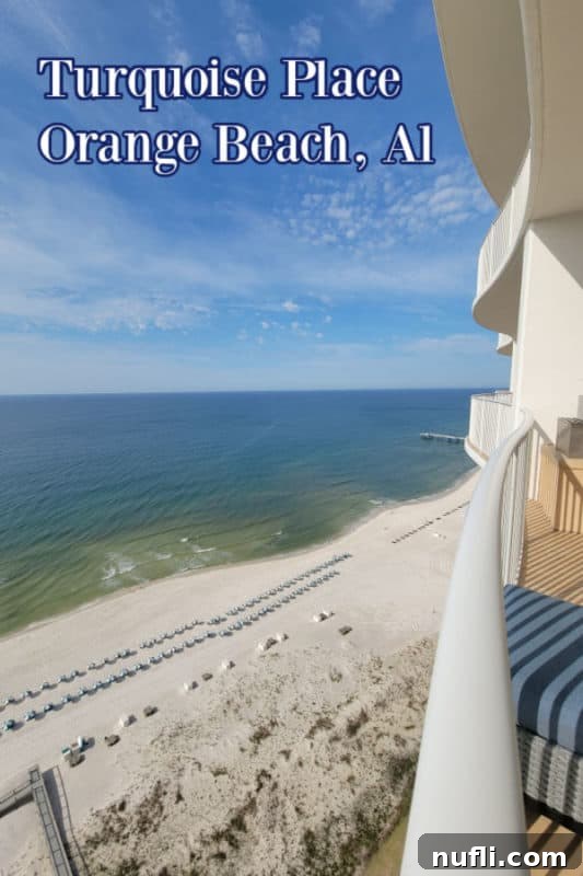 Turquoise Place: Orange Beach Alabama's Luxury Gulf Resort 2 Turquoise Place Orange Beach over a balcony view of the Gulf Of Mexico and white sand