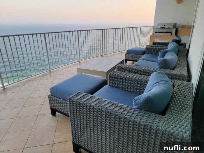 Turquoise Place: Orange Beach Alabama's Luxury Gulf Resort 14 Outdoor furniture on a balcony looking out over the Gulf of Mexico