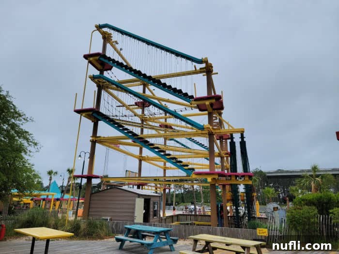 Impressive three-story ropes course with picnic tables below it at Lulu's